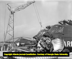 Helicopters being repair at Fort Gillem military base, 1958