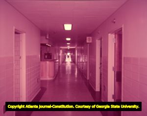 Nurses chat at the end of the newly constructed hospital wing at Grady, 1958