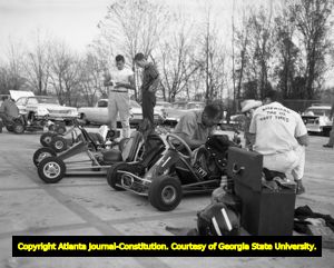 Go karts being checked before the start of the race, 1961