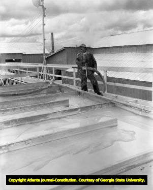 Kaolin miner uses a water hose to keep the clay wet, 1956