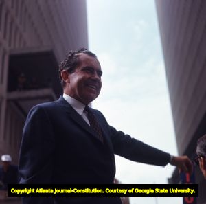 Richard Nixon during a parade for his presidential campaign, 1968