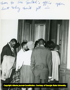 African Americans being turned away from meeting with George T. Smith, Speaker of the Georgia House of Representatives, Atlanta, Georgia, January 1962.