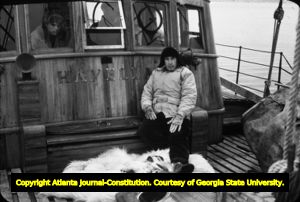 Big game hunter Walt Shaffer onboard an Arctic polar bear hunting trip, 1954