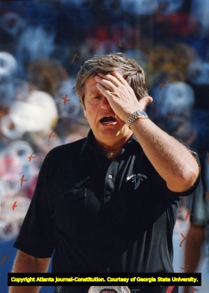 Jerry Glanville of the Falcons visibly upset during a game, 1991