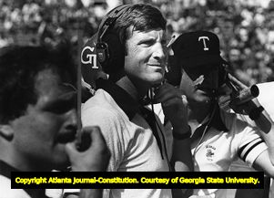 Coach Bill Curry with his Yellow Jackets team on the sidelines, 1981