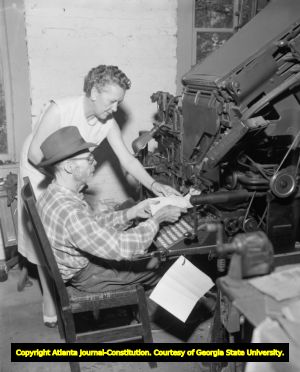 Quitman Free Press linotype operator John Ranew and editor Beth Powers, 1957