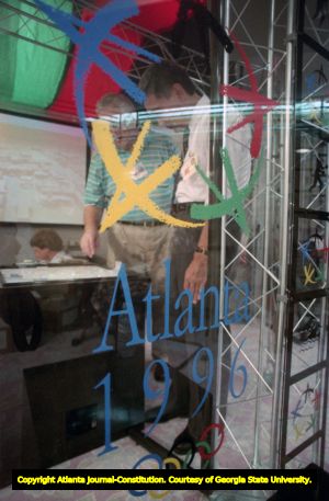Presentation booth at the Olympic announcement exhibit in Tokyo, 1990