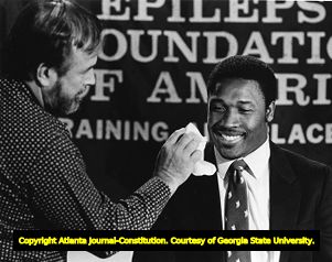 Falcons' William Andrews preparing to film a United Way commercial, 1982