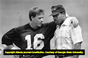 Retired Falcon William Andrews meets with quarterback David Archer, 1987