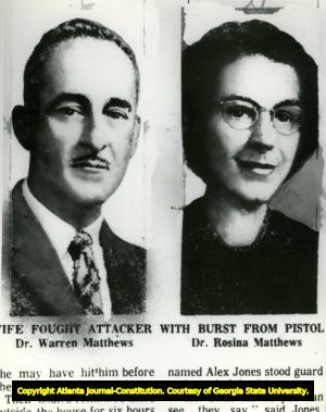 Murder victims Drs. Warren Matthews and Rosina Matthews, Cobb County, photographic print of newspaper article, Georgia, May 1971.