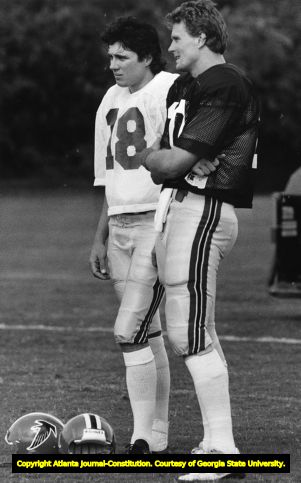 Falcons' Mick Luckhurst and Steve Bartkowski during practice, 1985