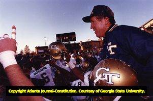 Tech's Bobby Ross carried off the field by his players after defeating Wake Forrest, 1990