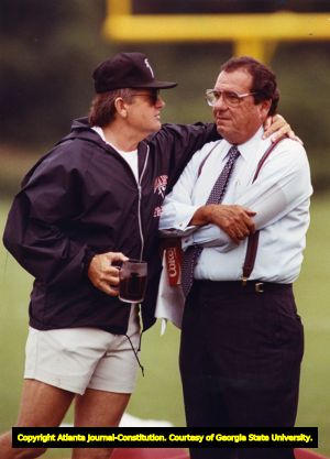 Coach Jerry Glanville and team owner Rankin Smith at the Falcons training facility, 1990
