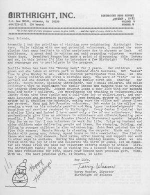 Birthright News Report, 1981, fall
