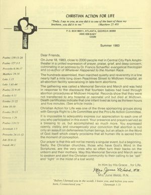 Christian Action for Life, 1983, summer
