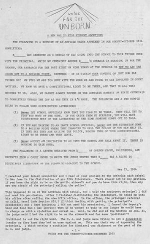 Voice for the Unborn, 1988-10/1988-12