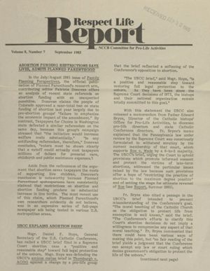 Respect Life Report, 1985-09