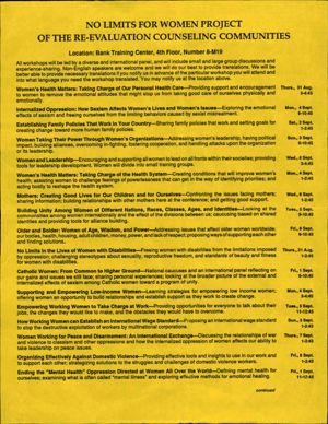 International Re-evaluating Counseling Communities: calendar and information sheet, No Limits for Women Project, circa 1990s