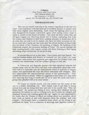 Peavey, Fran and Tova Green, paper: ""The Balkans,"" 1995