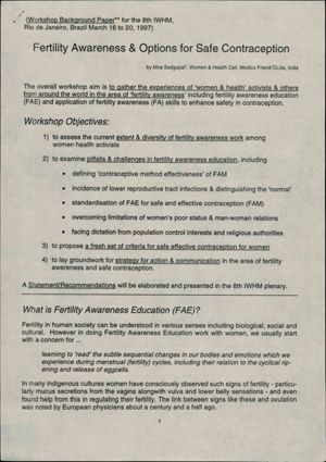 Women and Health Cell: Medico Friend Circle, India: workshop background paper, ""Fertility Awareness and Options for Safe Contraception,"" 1997