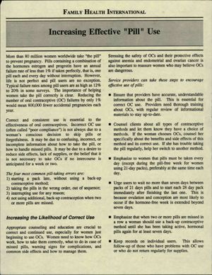 Family Health International pamphlet: ""Increasing Effective Pill Use,"" 1995