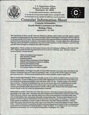NGO Fourth World Conference on Women: Consular Information Sheet, September 4-15, 1995