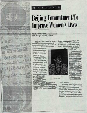 Hardee, Karen: news clipping, ""Beijing: Commitment to Improve Women's Lives,"" 1996