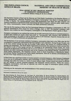 Maternal and Child Coordination Ministry of Health of Brazil: ""Final Report of the I Brazilian Workshop on Emergency Contraception: A Technical Advisory Group for its Use in Brazil,"" 1995