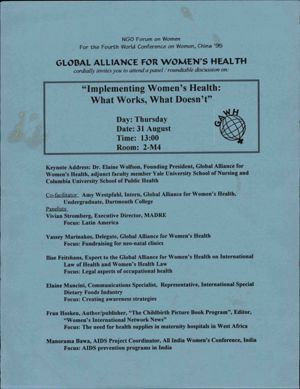 Global Alliance for Women's Health flyer advertising panel on implementing women's health, circa 1990s