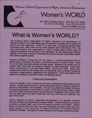 Women's World Organization for Rights, Literature and Development fact sheet: What is Women's World? circa 1990s