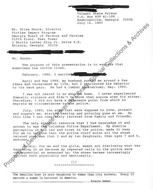 Letter from woman who killed her violent, abusive husband, July 16, 1997.