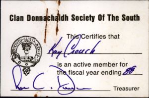 Clan Donnachaidh Society of the South membership card, 1988