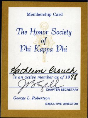 The Honor Society of Phi Kappa Phi membership card, 1978