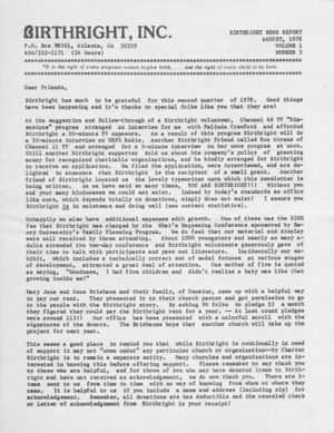 Birthright News Report, 1978-08
