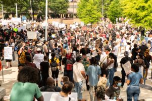 Protesters gather together outside of the Georgia State Capitol