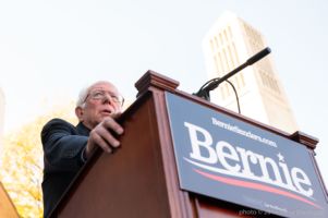 Bernie Sanders looks out at the crowd while speaking