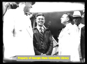 Douglas "Wrong Way" Corrigan arriving at Candler Field, Atlanta, Georgia, August 8, 1938