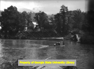 The remains of a bridge after it was washed out, Georgia, circa late 1930s or early 1940s