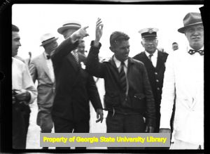 Douglas "Wrong Way" Corrigan arriving at Candler Field, Atlanta, Georgia, August 8, 1938