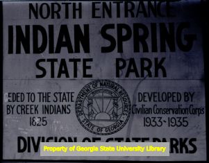 Entrance sign to Indian Springs State Park, Butts County, Georgia, circa late 1930s or early 1940s