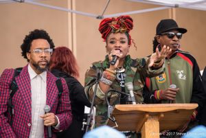 Members of Atlanta's Arrested Development music group speak to protesters