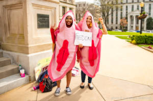 Protesters dressed as vaginas with sign, "Freedom"