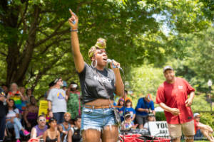 Protester speak on microphone