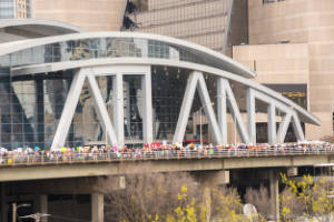 Thousand of marchers are seen on a bridge from a distance