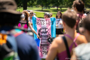 Protester holds a transgender pride flag painted with words and a tombstone, "Where lines your opinions, Rest In Shame"
