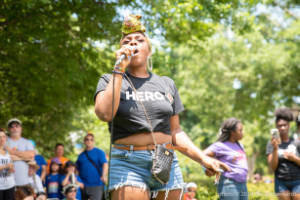 Protester speaks on microphone