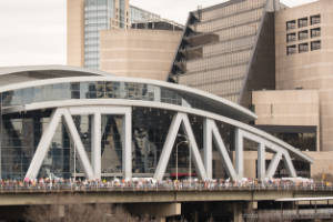 Thousand of marchers are seen on a bridge from a distance
