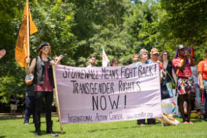 Protesters hold sign, "Stonewall Means Fight Back! Transgender Rights Now! Internation Action Center www.iacenter.org"