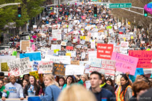 Thousands of protesters are seen in a street