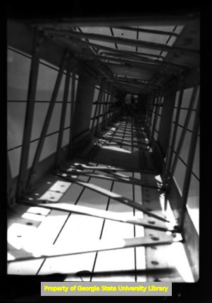 Inside view of a radio tower, Atlanta, Georgia, circa late 1930s or early 1940s
